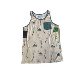 Tipsy Elves Beach House Tank Top Cream Teal Palm Tree Print Small NWT